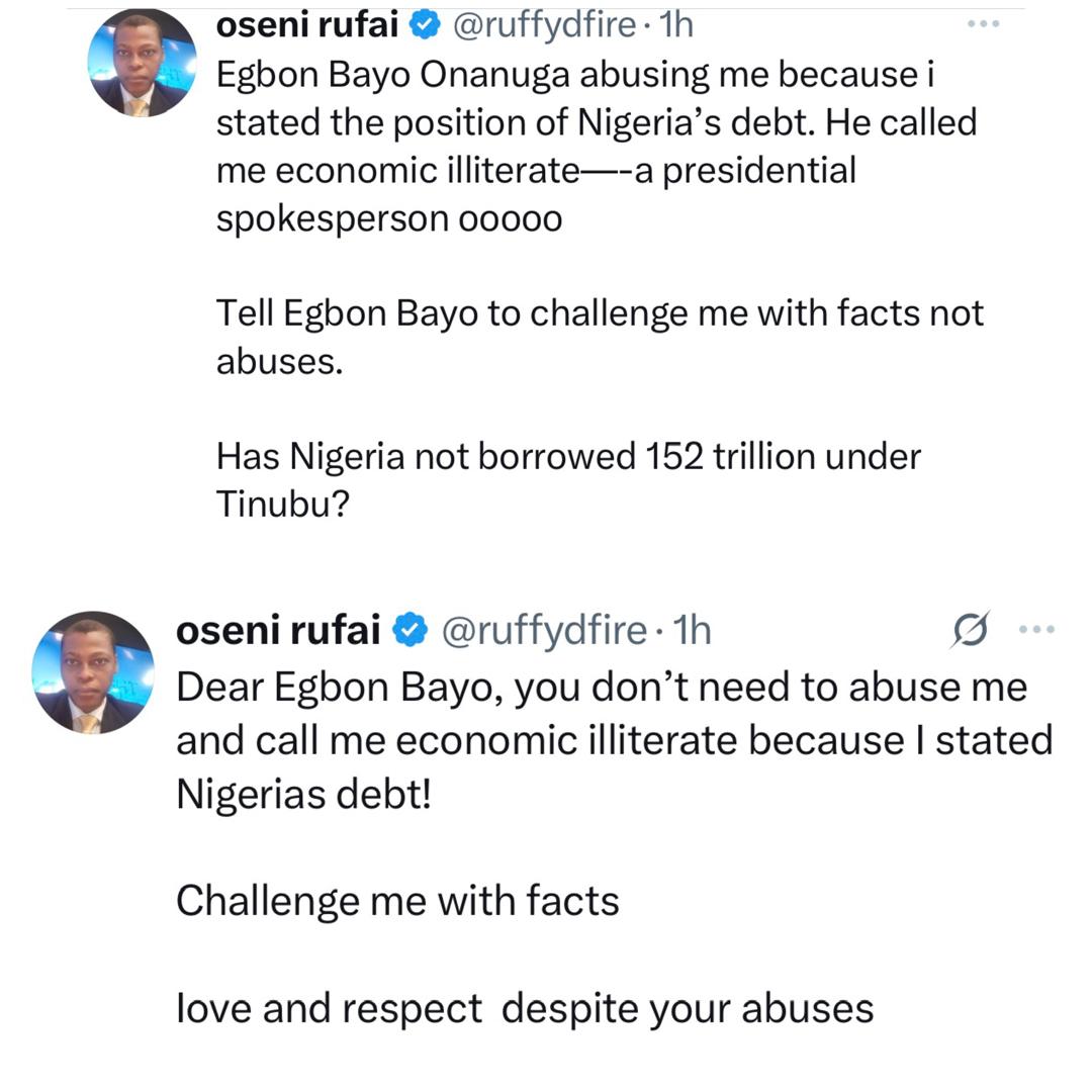 Economic illiterate - Presidential aide, Bayo Onanuga attacks Rufai Oseni after he shared an article accusing President Tinubu of being the mastermind of Nigeria?s debt crisis